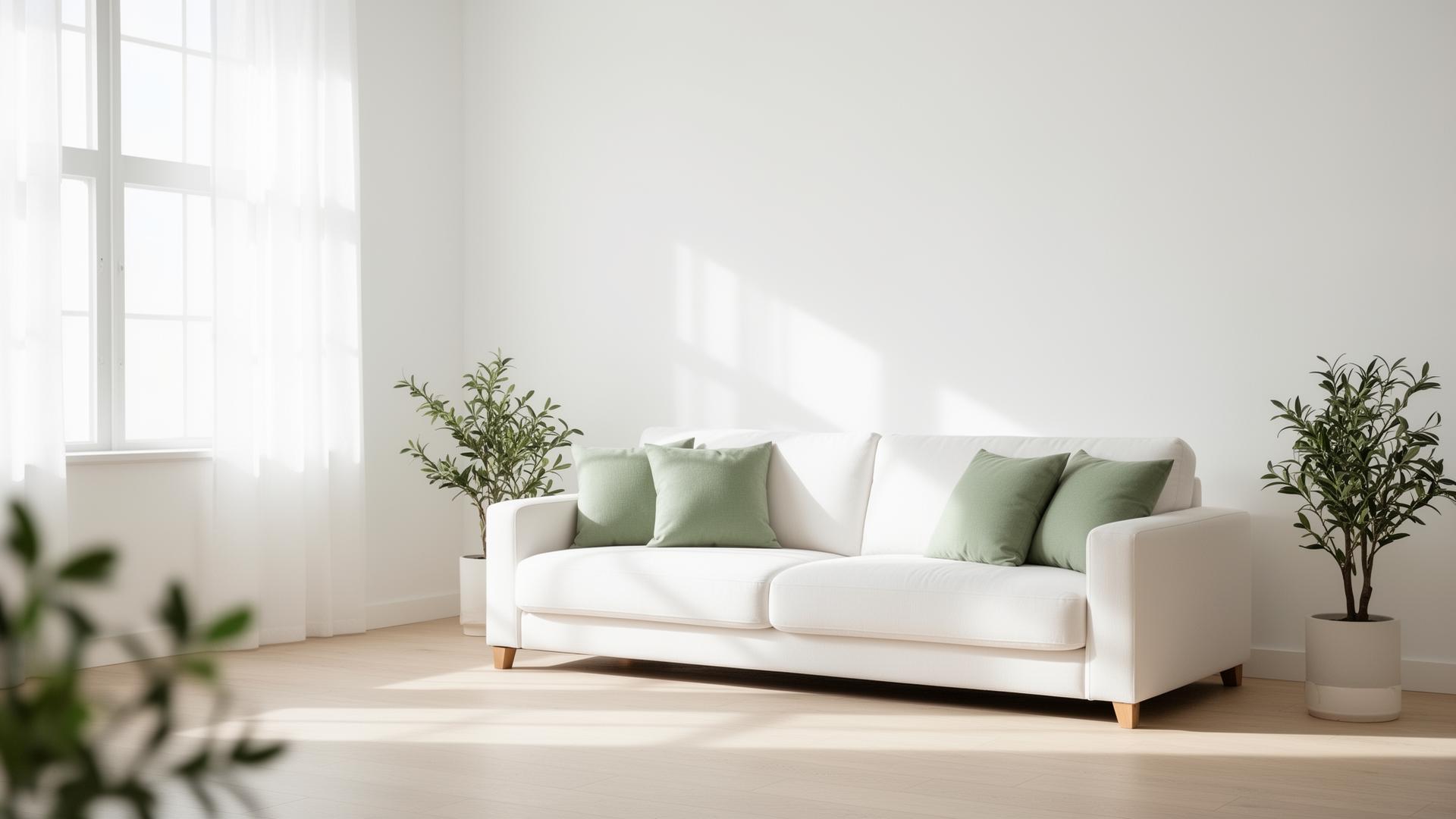 A bright, tidy living room with soft natural light and sage green accents